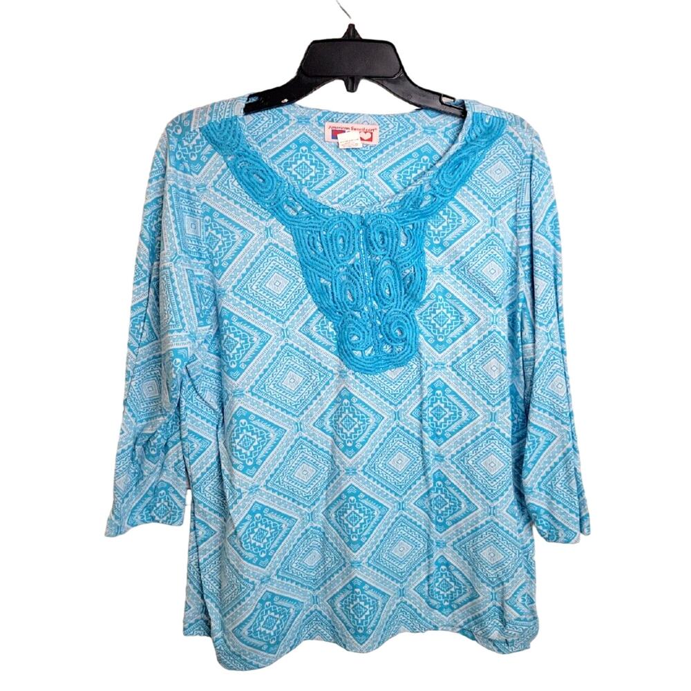 American Sweetheart Blue Argyle Crochet 3/4 Sleeve Boho Top Women's Size Large
